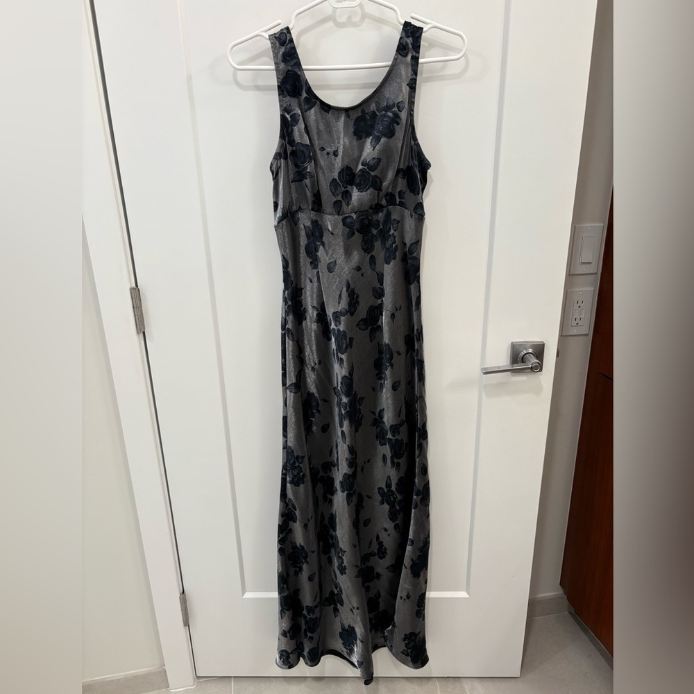 Vintage 90s Roberta Floral Metallic Grey Blue Maxi Dress One Size